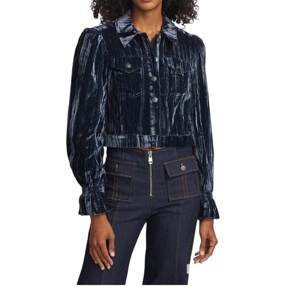 Cinq à Sept Dillon Cropped Crushed Velvet Jacket – Slate Gray Blue XS NEW - Picture 13 of 16